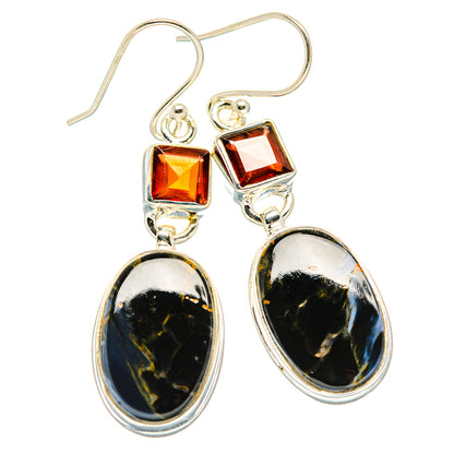 Sterling silver earrings with red square gemstones and black oval drop stones