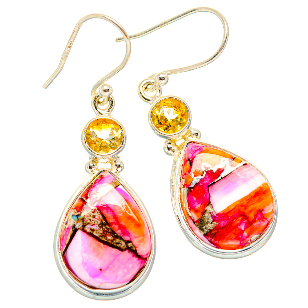 Sterling silver dangle earrings, round citrine and multicolor teardrop stones