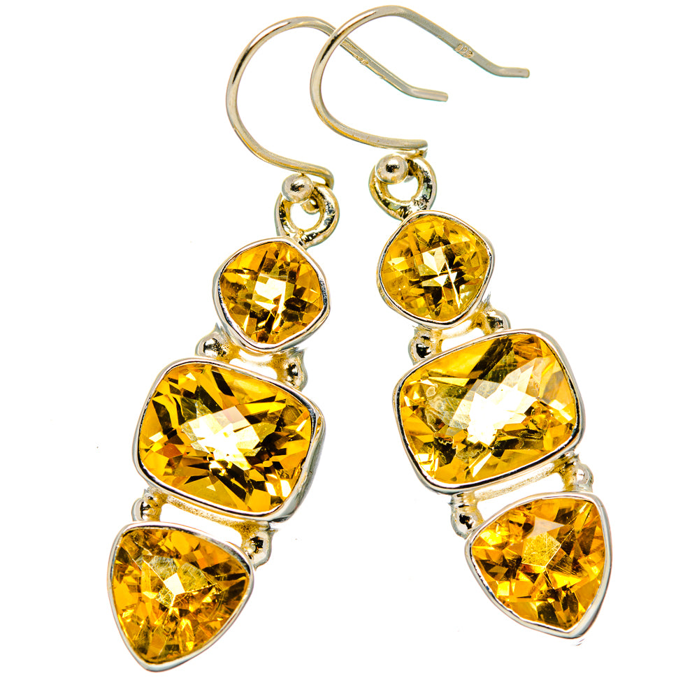 Faceted citrine drop earrings in 925 sterling silver, three golden stones on lever hooks