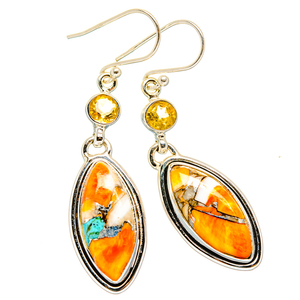 Turquoise and citrine drop earrings with oval amber cabochon, 925 sterling silver hooks