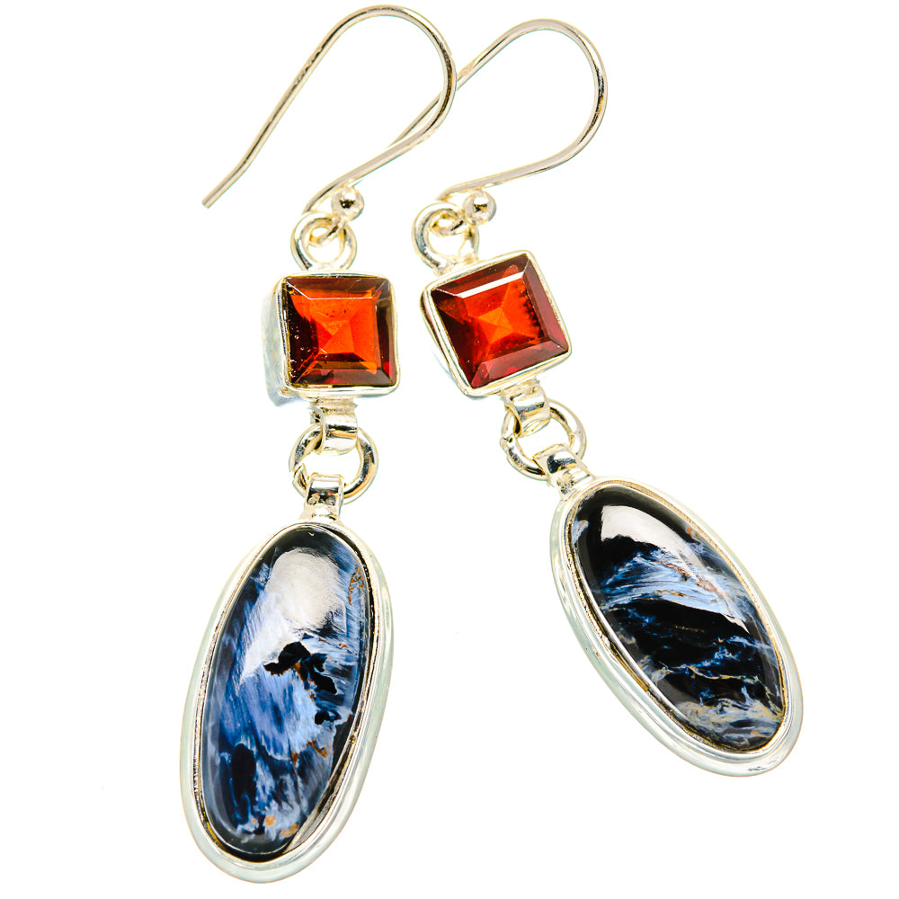 Sterling silver drop earrings with square garnet and oval blue pietersite