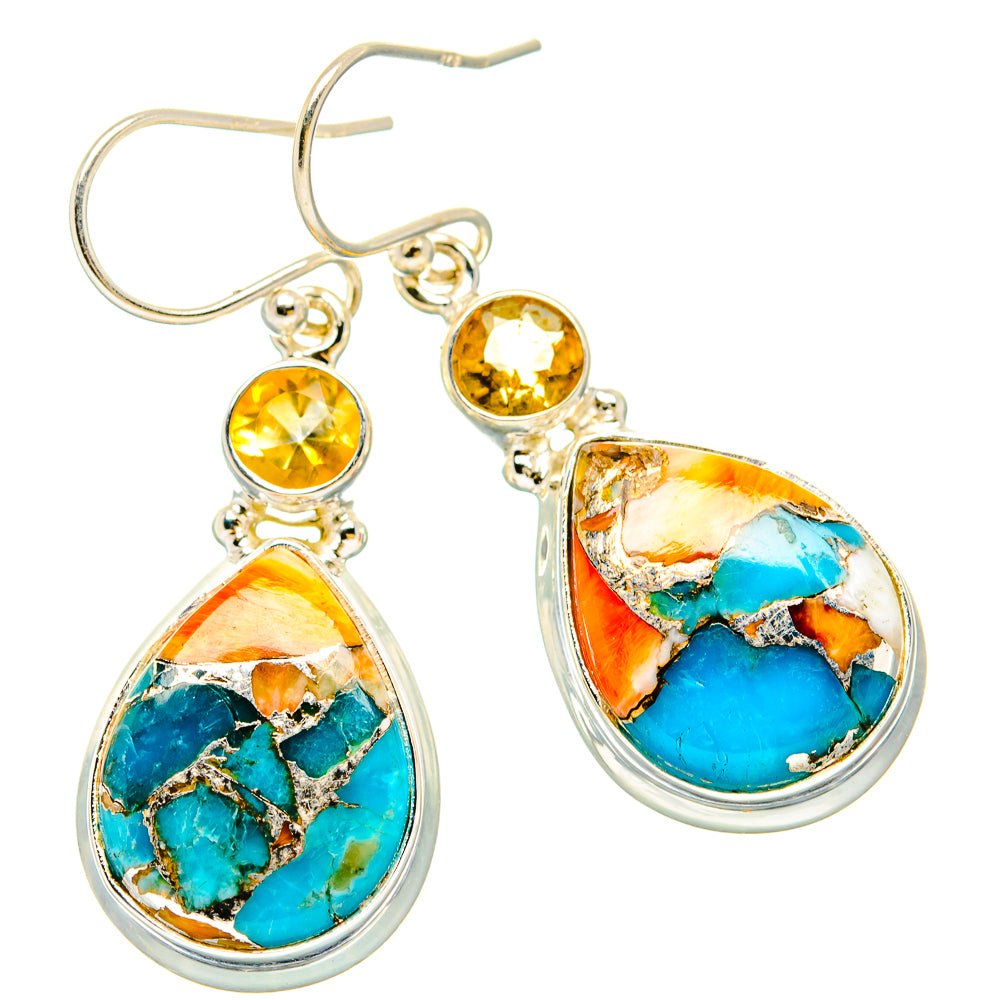 Multi-tone spiny oyster teardrop earrings with citrine round stones, 925 sterling silver