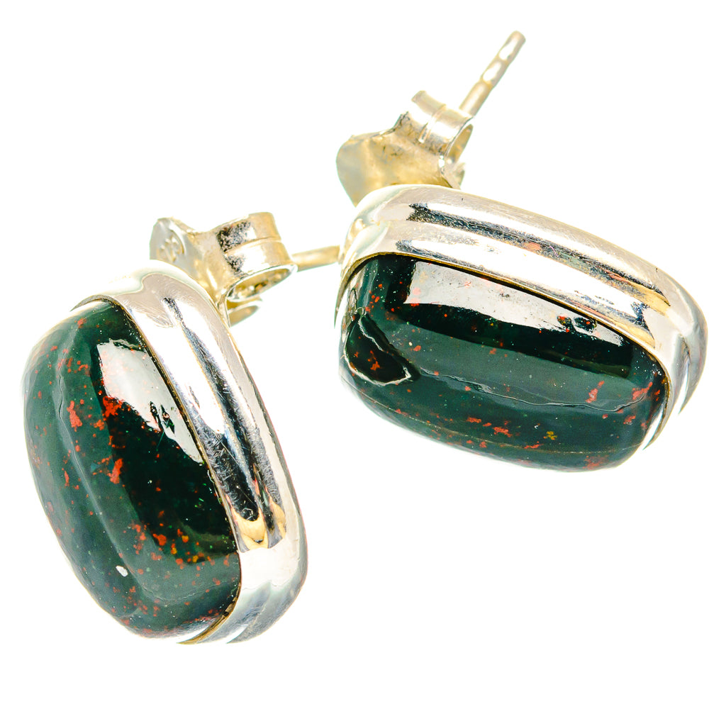 925 sterling silver bloodstone earrings, oval green cabochon with post backs