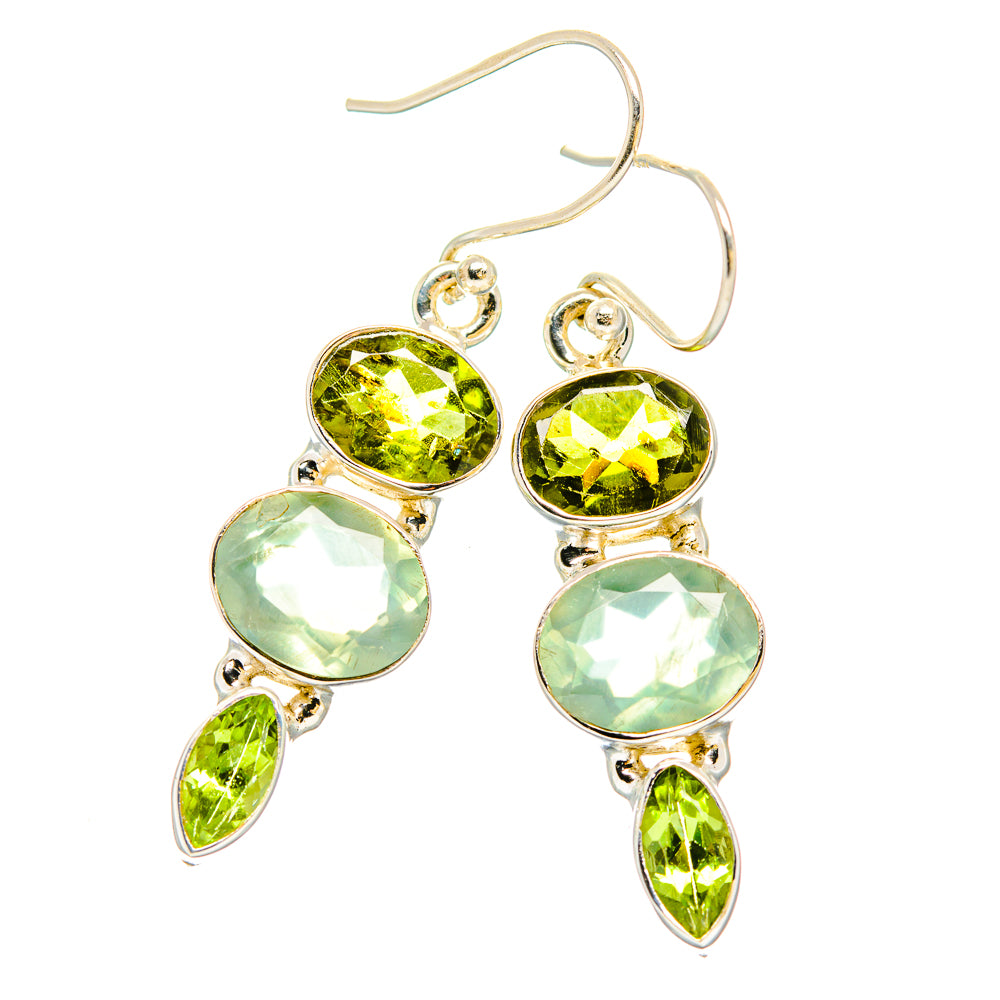 Sterling silver drop earrings with two marquise peridot, round peridot, and oval prehnite