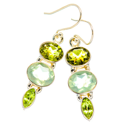 Sterling silver drop earrings with two marquise peridot, round peridot, and oval prehnite