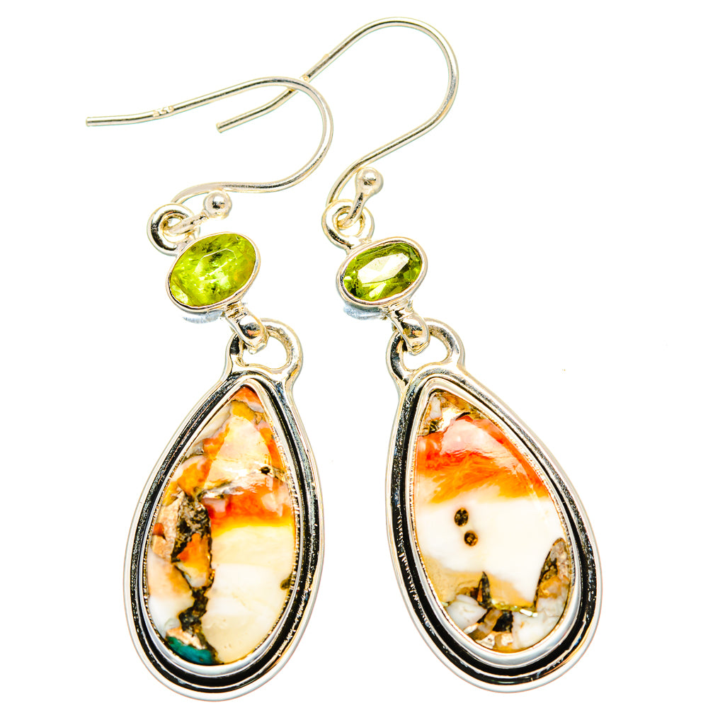 Sterling silver teardrop dangle earrings with green peridot accents and spiny oyster inlay