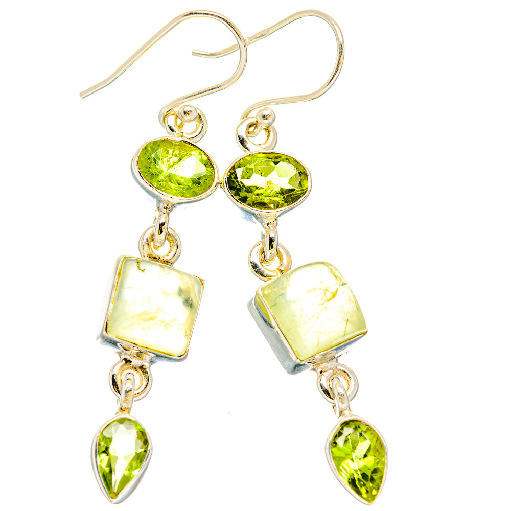 925 sterling silver drop earrings with green oval stones, square prehnite, and pear pendants