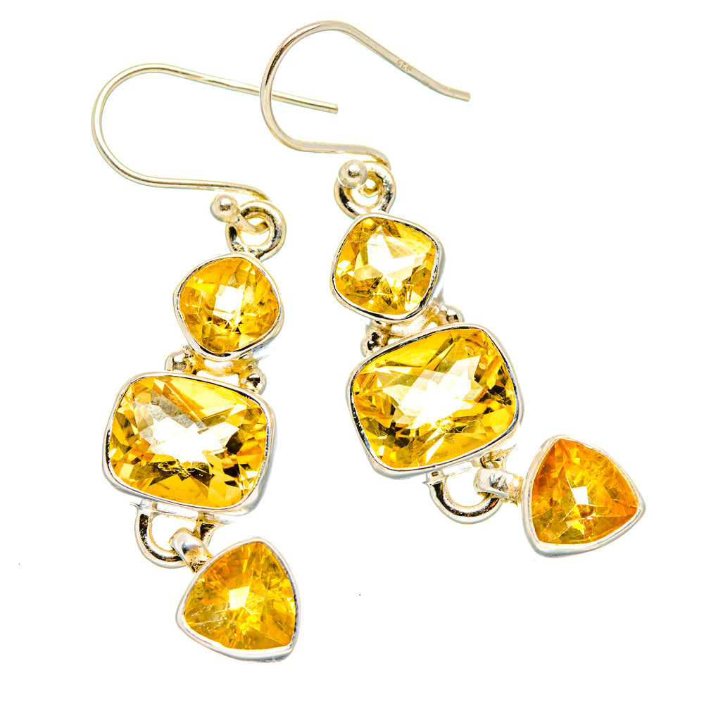925 sterling silver citrine drop earrings with faceted yellow stones, dangle hook