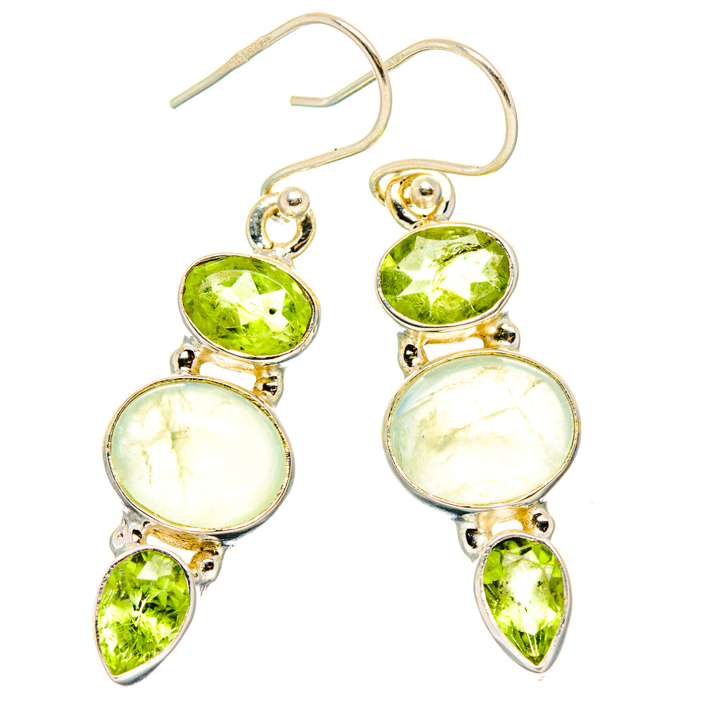 Sterling silver drop earrings with peridot teardrops, green ovals, and pale prehnite rounds