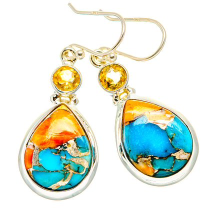 Sterling silver drop earrings with turquoise-and-orange stone and citrine round tops.