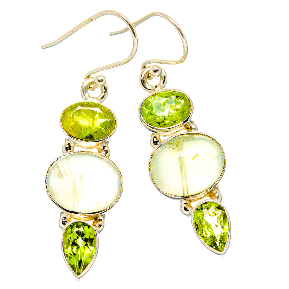 Sterling silver drop earrings with green teardrop and oval peridot accents, pale stones