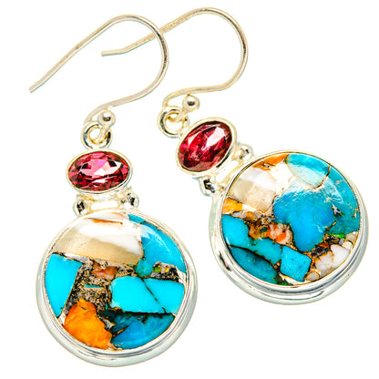 Oval turquoise drop earrings in 925 sterling silver with red garnet top settings