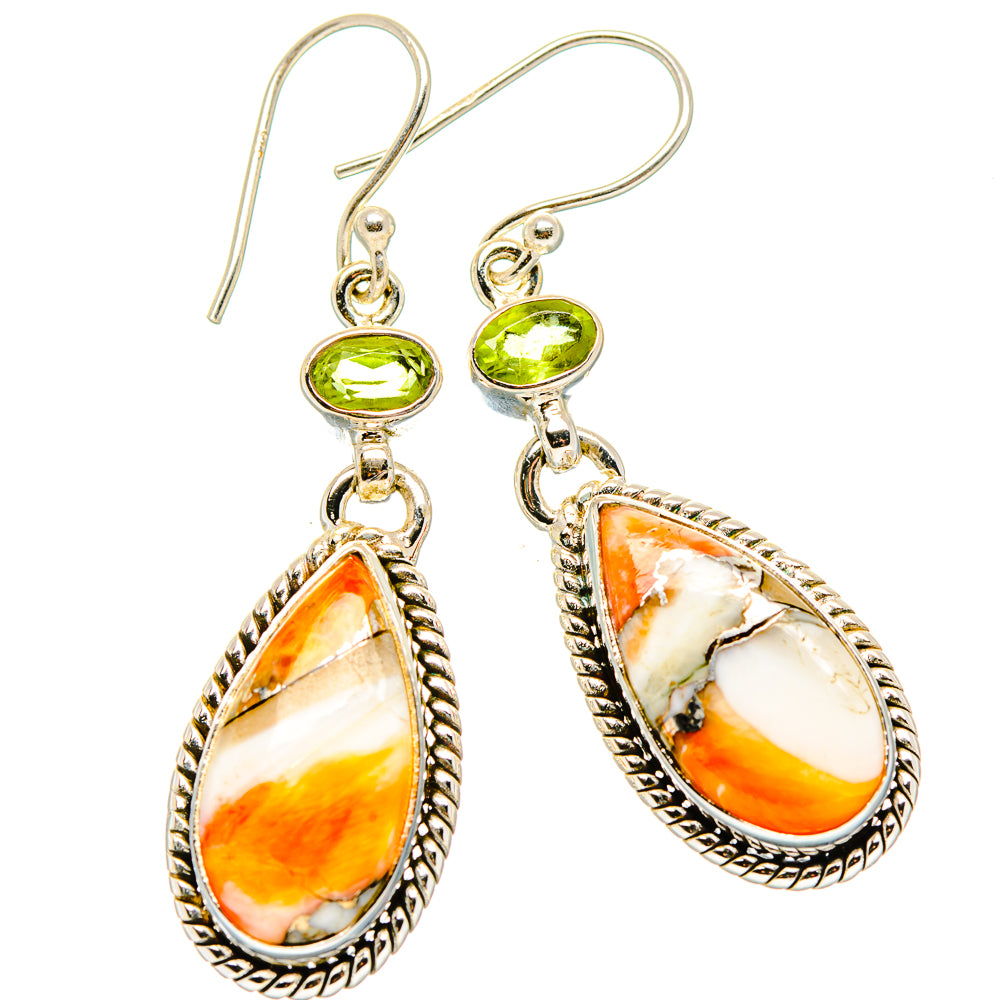 Sterling silver dangle earrings with green round stones and orange-white teardrop pendants