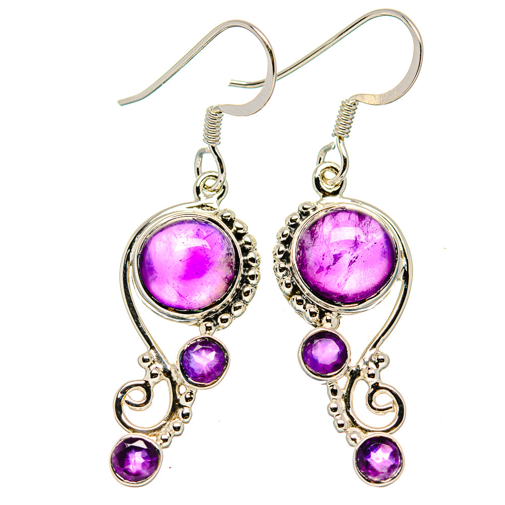 Sterling silver amethyst drop earrings with round purple gemstones and hooks