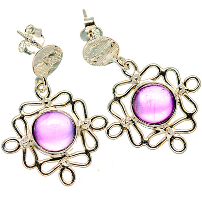 Amethyst drop earrings, round cabochon stones in silver filigree settings