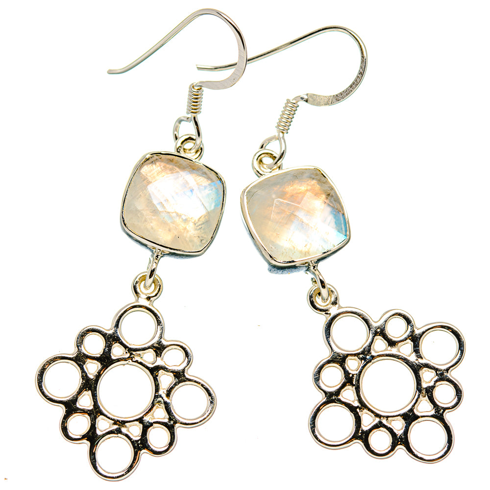 Square iridescent moonstone drop earrings with ornate silver flower charms and fishhook backs
