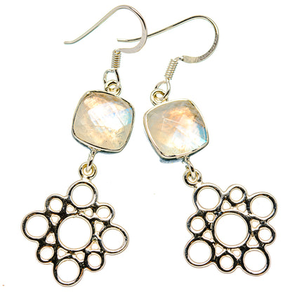 Square iridescent moonstone drop earrings with ornate silver flower charms and fishhook backs