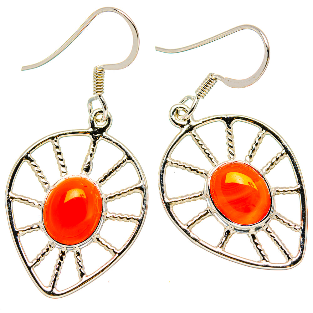 925 silver hook earrings with orange carnelian cabochon and circular wheel frame