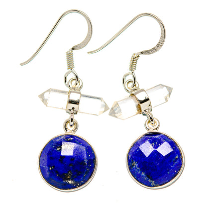 Sterling silver earrings with lapis lazuli round drops and quartz bar dangles
