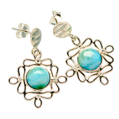 Larimar and sterling silver drop earrings with round aqua cabochon in floral filigree setting
