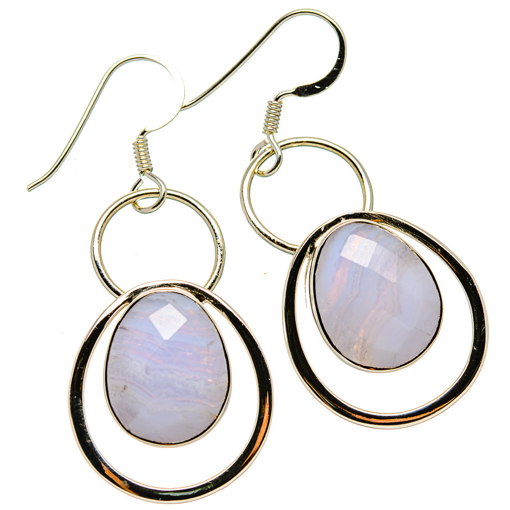 Silver drop earrings with oval blue lace agate cabochon, black frame, hanging hooks