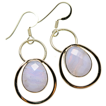 Silver drop earrings with oval blue lace agate cabochon, black frame, hanging hooks