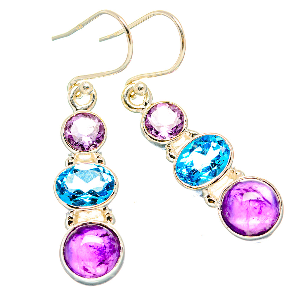 925 sterling silver leverback earrings with purple and blue round gemstones, 3-stone drops