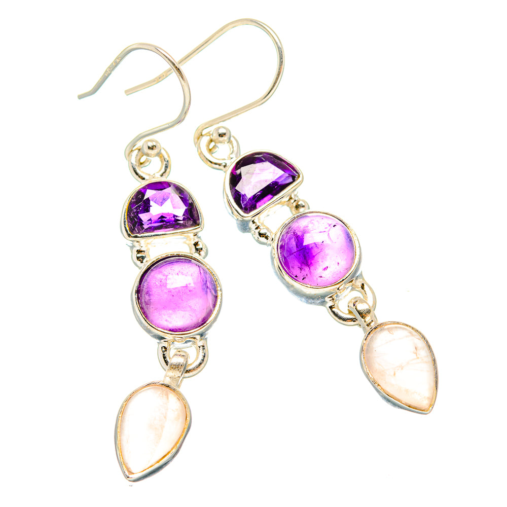 Dangling sterling silver earrings with purple amethyst cabochons and pale rose quartz drops