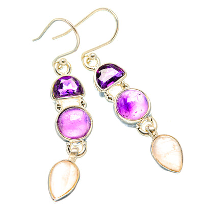 Dangling sterling silver earrings with purple amethyst cabochons and pale rose quartz drops
