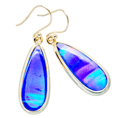 Teardrop opal earrings in sterling silver with blue iridescent stone
