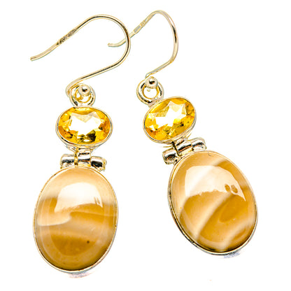 Silver drop earrings with citrine rounds and oval mookaite cabochons, silver ear wires