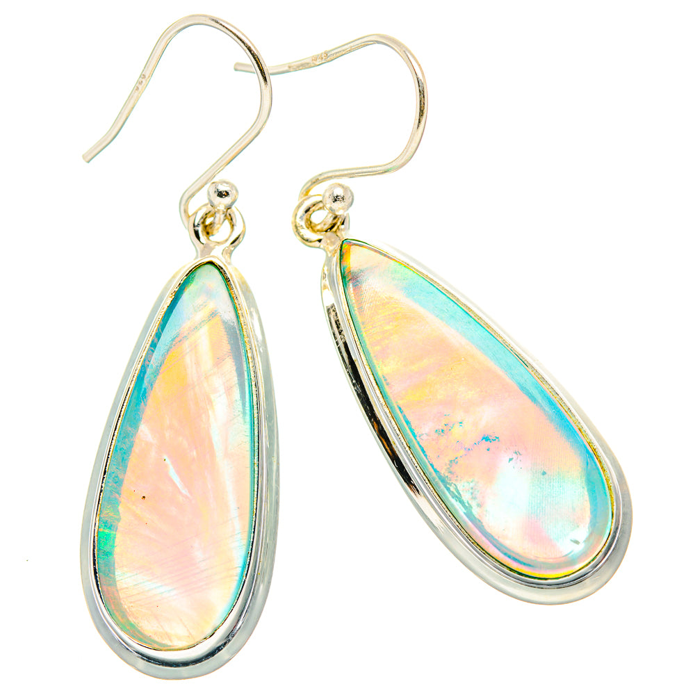 Sterling silver teardrop opal dangle earrings with hook backs, iridescent color