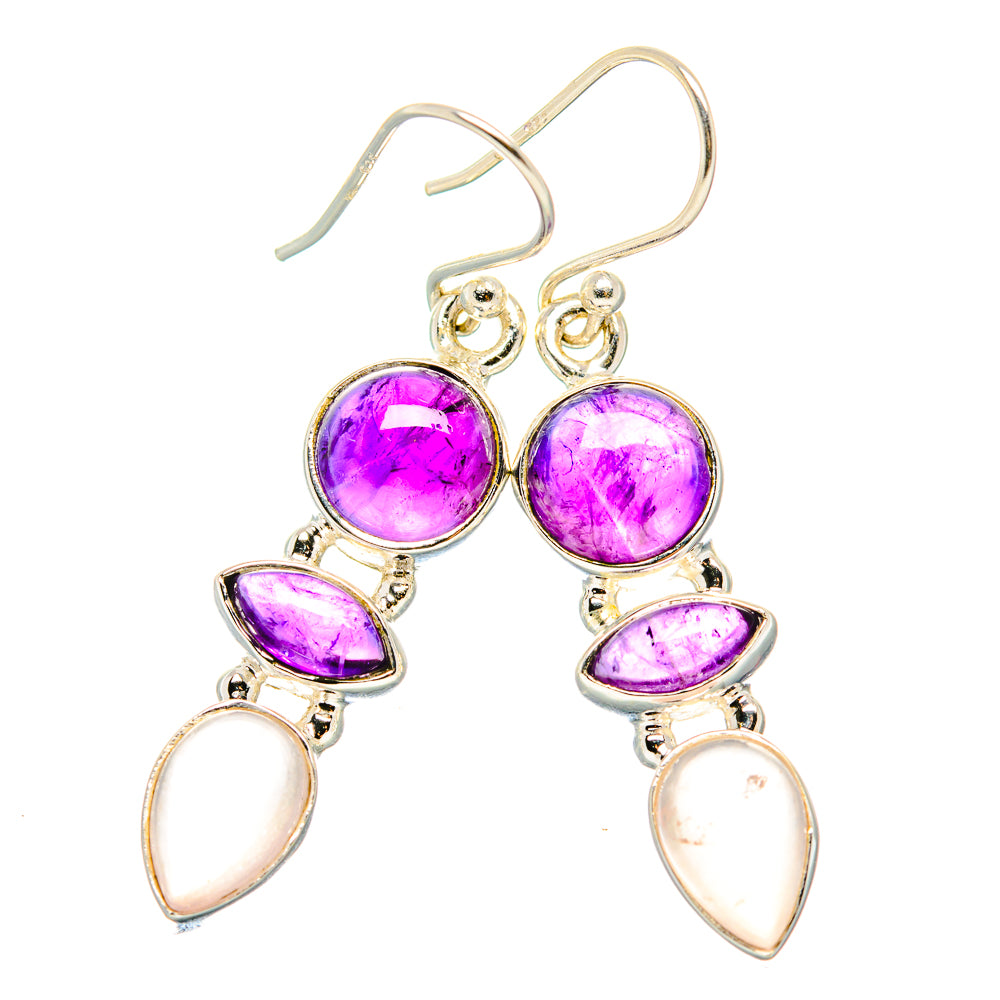 Amethyst and rose quartz drop earrings in 925 sterling silver, round purple and teardrop pale pink