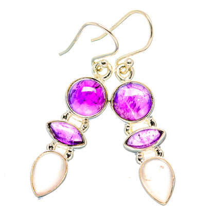 Amethyst and rose quartz drop earrings in 925 sterling silver, round purple and teardrop pale pink
