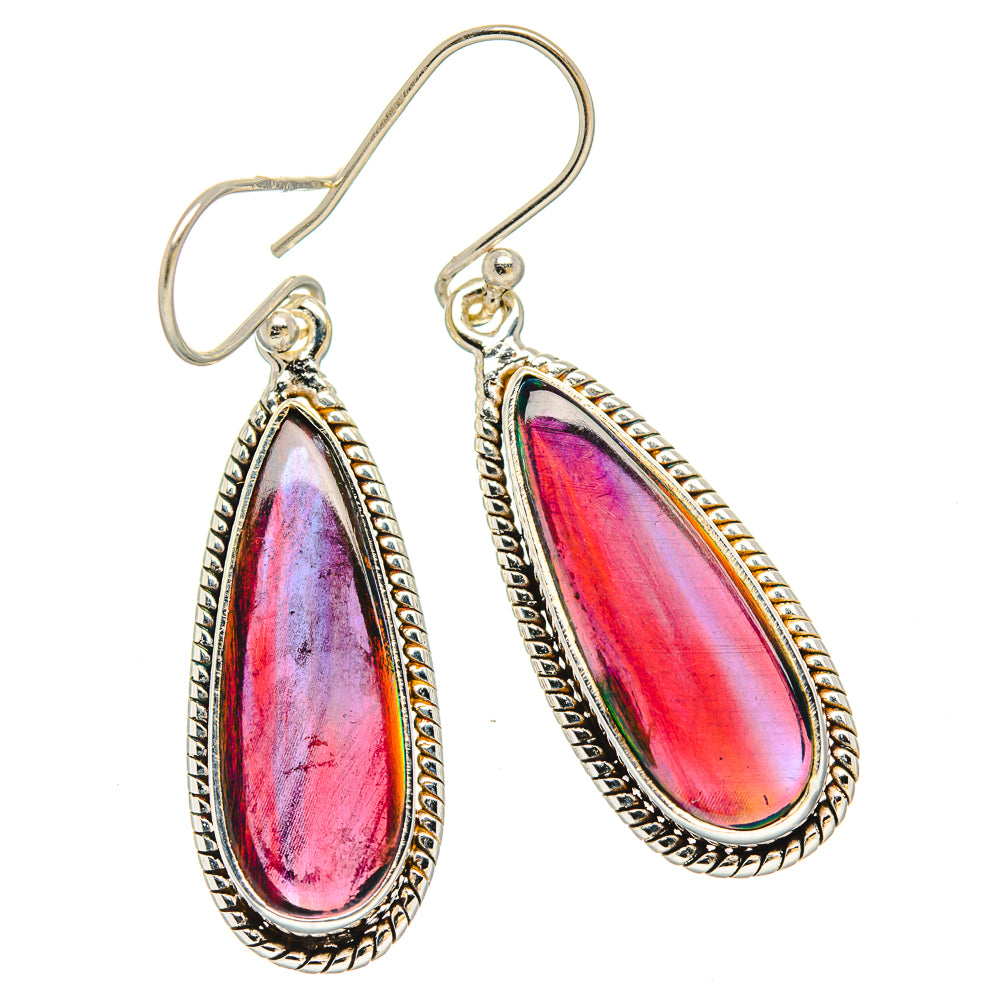 Sterling silver teardrop drop earrings with iridescent pink-red opal-like stones