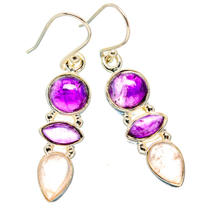 Sterling silver earrings with amethyst and rose quartz drop stones, purple and pale pink