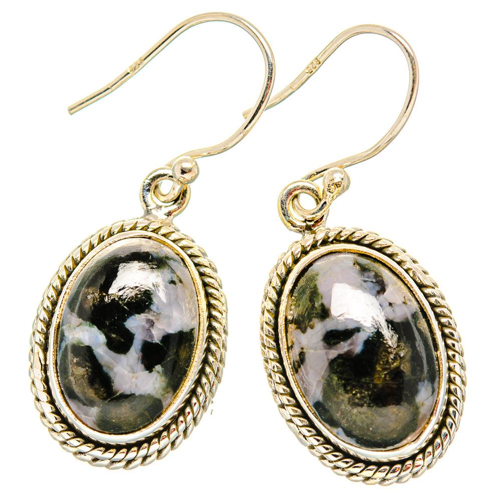 Oval dark green stone drop earrings with white veining, silver hooks and rope bezel