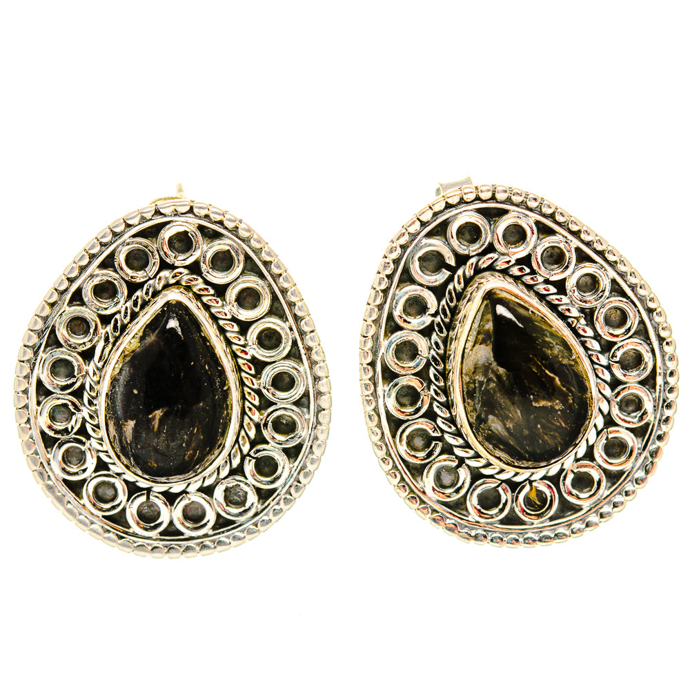 Teardrop earrings in ornate silver halo, dark gemstone teardrop with gold highlights