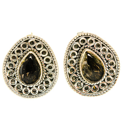 Teardrop earrings in ornate silver halo, dark gemstone teardrop with gold highlights