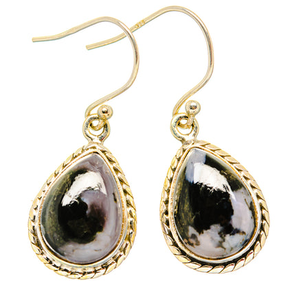 925 sterling silver drop earrings with teardrop gabbro stone, gold-tone bezel, fishhook