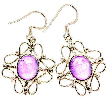 Amethyst oval cabochon drop earrings in 925 sterling silver, ornate floral setting