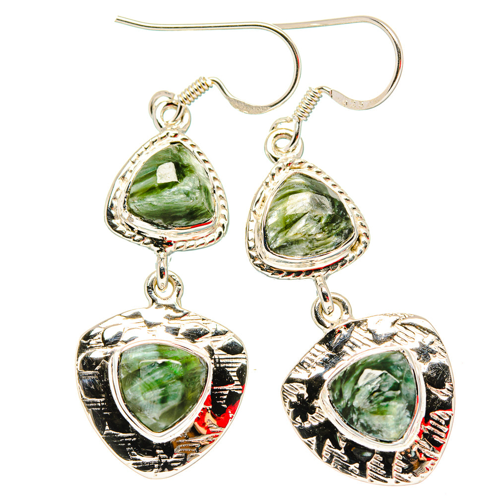 Teardrop seraphinite drop earrings in polished 925 sterling silver, green stone dangles