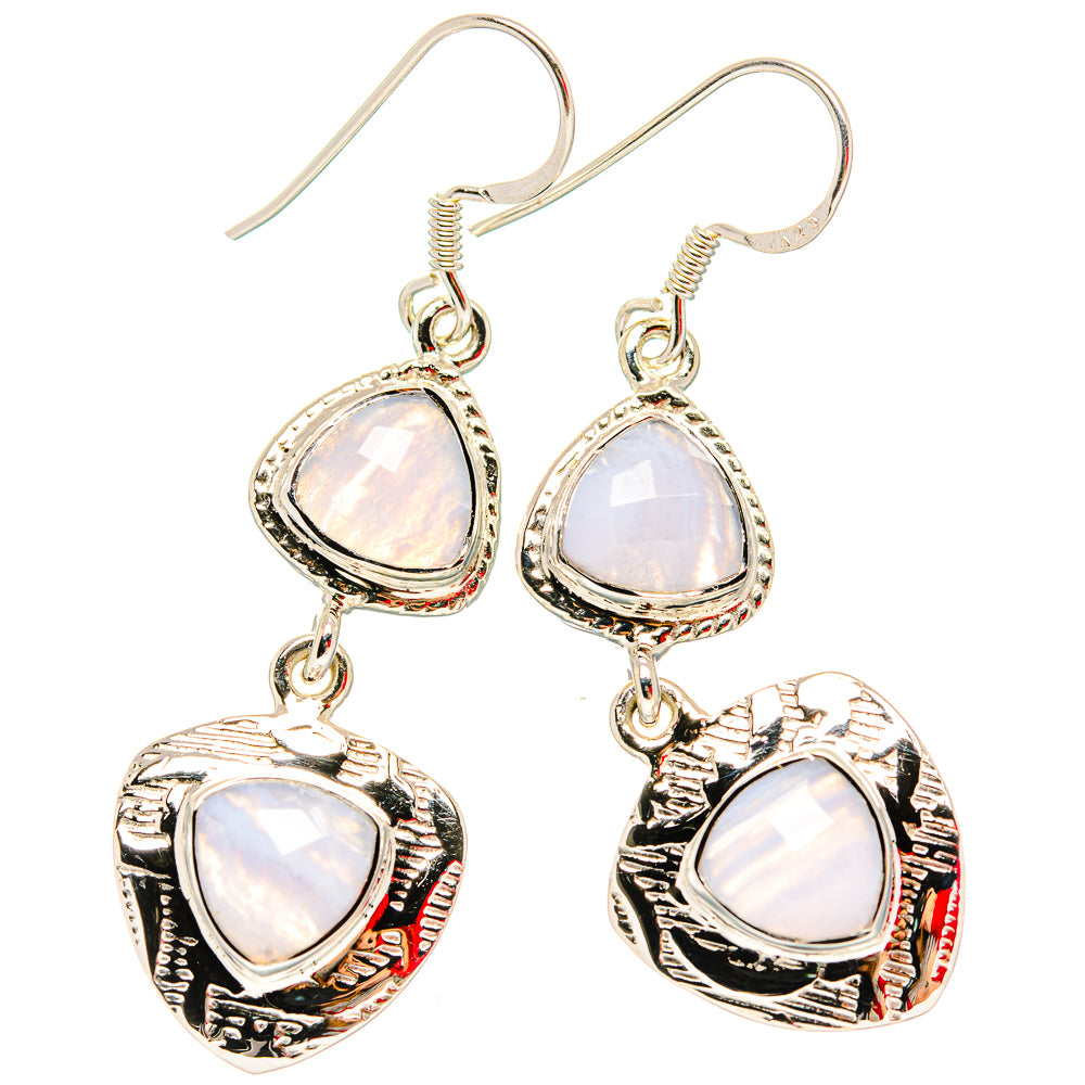 Sterling silver lace agate drop earrings with teardrop stones and dangling heart charms