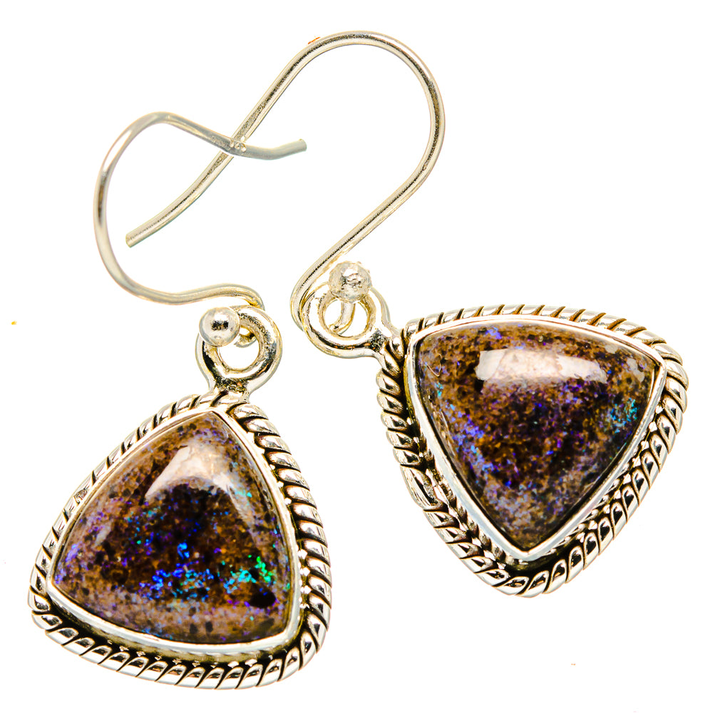 Sterling silver opal triangle drop earrings with textured bezel and purple-blue stone