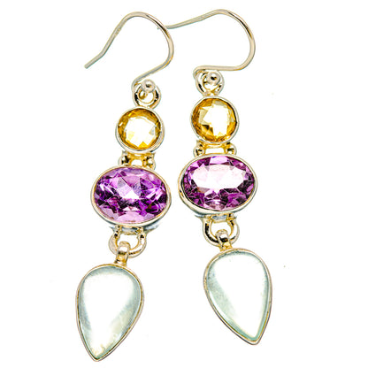 925 sterling silver drop earrings: citrine, amethyst, and light blue teardrop stones