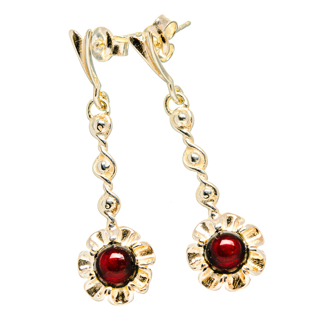 925 sterling silver garnet flower drop earrings with red round cabochons and hook backs