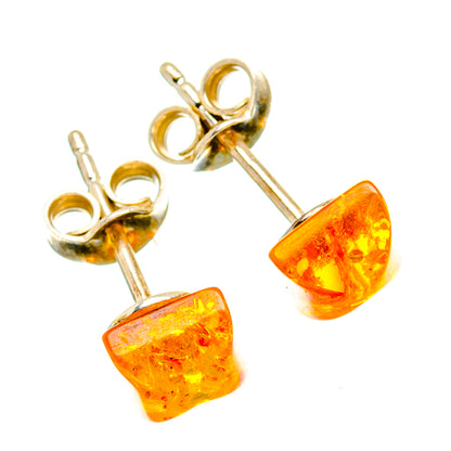 Amber square stud earrings in 925 sterling silver with orange translucent stones