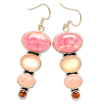 Pair of oval pink gemstone drop earrings with three cabochons and a small red stone charm