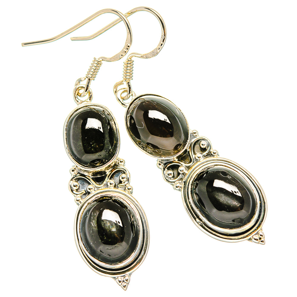 Star diopside earrings in 925 silver, two-tier oval black stones, ornate frames, hooks