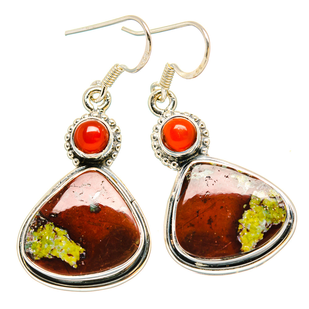 Sterling silver hoop-style earrings with red top bead and teardrop jasper dangles